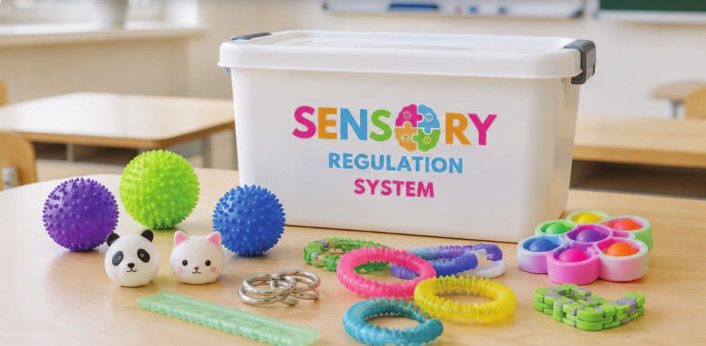 Настоящий бокс Sensory Kit и часть инструментов: сенсорные мячи, попит, тактильные кольца